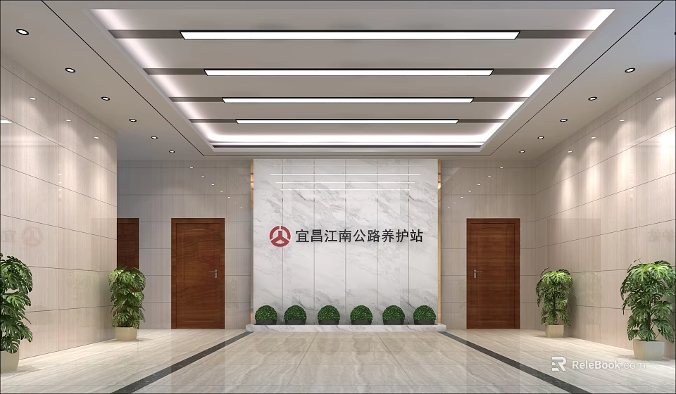 Elegant Front Desk Reception Area With Marble Wall Wooden Doors Green Plants And Ceiling Lights 3d model 