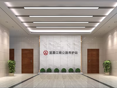 Elegant Front Desk Reception Area With Marble Wall Wooden Doors Green Plants And Ceiling Lights 3d model