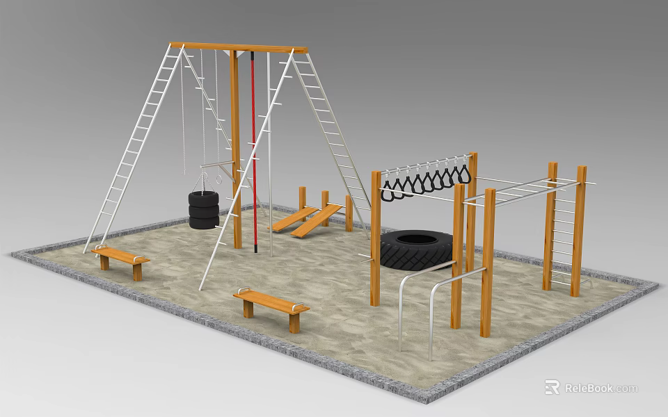Outdoor Wooden Sports Equipment Set Including Climbing Frame Swings Tires Parallel Bars And Balance Beams 3d model 