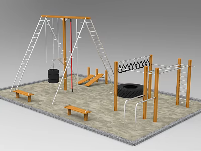 Outdoor Wooden Sports Equipment Set Including Climbing Frame Swings Tires Parallel Bars And Balance Beams 3d model