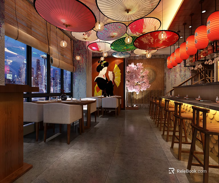 Japanese Restaurant Interior With Red Lanterns Umbrella Decor Bar Counter And Night View 3d model 