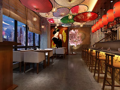 Japanese Restaurant Interior With Red Lanterns Umbrella Decor Bar Counter And Night View 3d model