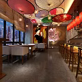 Japanese Restaurant Interior With Red Lanterns Umbrella Decor Bar Counter And Night View