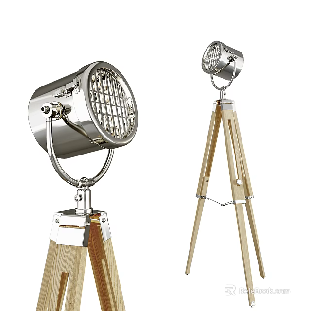 Industrial Style Floor Lamp With Metal Grid And Wooden Tripod Stand 3d model 