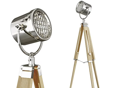 Industrial Style Floor Lamp With Metal Grid And Wooden Tripod Stand 3d model