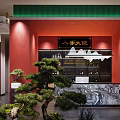 Modern Restaurant Interior With Red Walls Red Chairs Open Counter And Food Displays