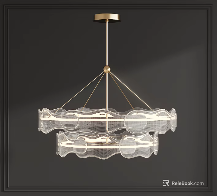 Contemporary Transparent Glass Chandelier With Double Layer Wavy Design And Gold Metal Frame 3d model 