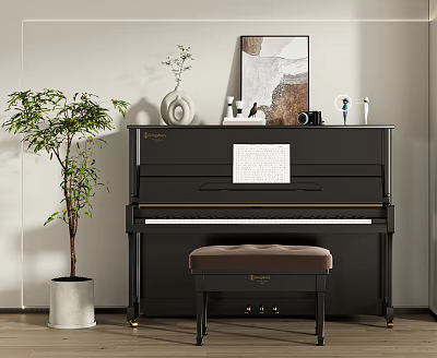 Cozy Piano Room With Black Piano Brown Bench And Decorations 3d model