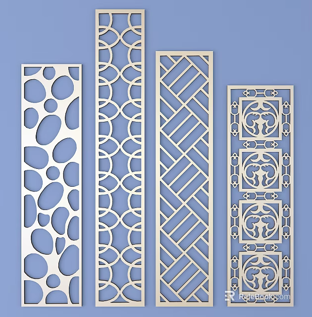 Wooden Carved Lattice Window Panels With Various Decorative Patterns For Interior Design 3d model 