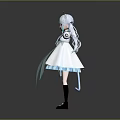 Anime Style Character With Cat Ears Long Blue Hair White Dress And Mechanical Arms