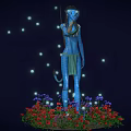Blue Skinned Long Eared Humanoid With Braided Hair Interacting With Bioluminescent Sprite Like Creatures