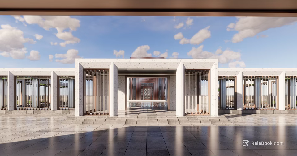 Modern Sales Office Building With White Exterior Grille Design And Spacious Entrance Plaza 3d model 