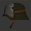 Vintage Green Military Helmet With Metallic Worn Texture And Orange Strap