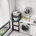 Home Balcony Laundry Setup With Washing Machine Shelf Cleaning Supplies Green Plant And Marble Wall