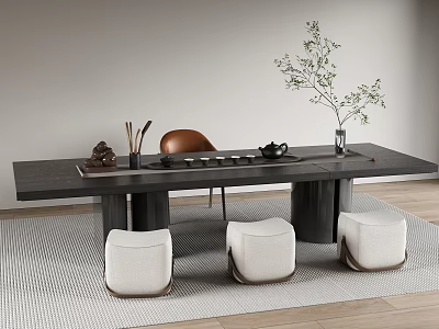 Minimalist Dark Wooden Tea Table with White Stools Brown Chair and Green Plant 3d model