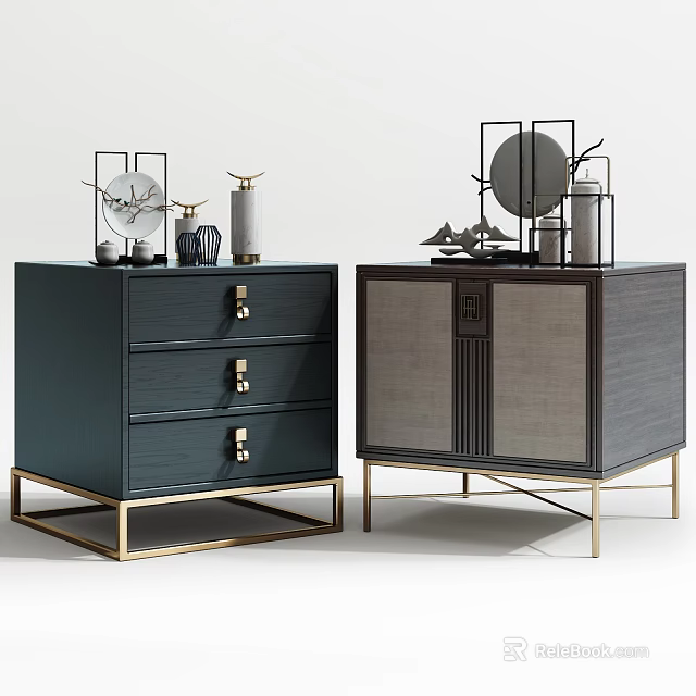 Elegant Modern Bedside Tables with Drawers Metal Legs and Decorative Accents Design 3d model 