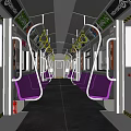 Modern Subway Car Interior Design With Purple Seats Metal Handrails And Lighting