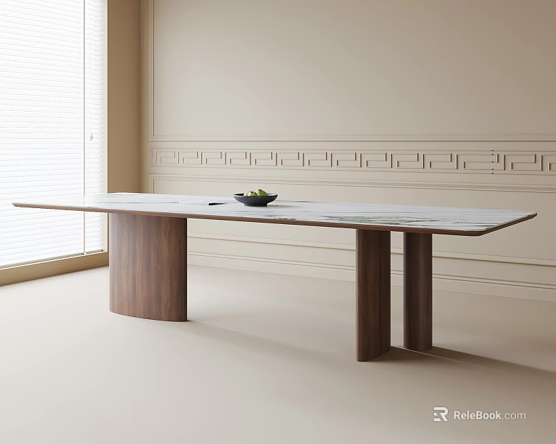Modern Dining Table With Marble Top Walnut Legs Near Window And Fruit Bowl 3d model 