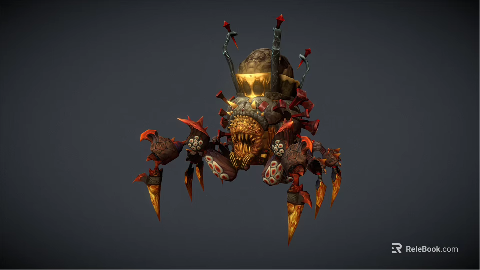 Fantasy Character Spider Like Creature With Red Gold Armor Spiked Limbs And Weapons 3d model 