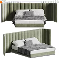 Modern Double Bed With Green Velvet Headboard Striped Bedding And Gray Pillows Design