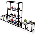 Multi tiered Display Shelves With Shoes Arrangement And Small Stands With Plant