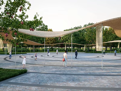 Modern Curved Outdoor Pergola with Trees Shading People in Plaza Gathering Area 3d model