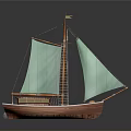 Traditional Wooden Sailing Boat With Green Sails Mast And Cabin As Water Transport