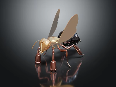 Gold and Black Ant With Wings Standing On Shiny Black Surface With Reflection 3d model