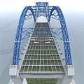 Blue Arch Bridge with Steel Structure and Vehicles Over Water Surface Supported by Piers