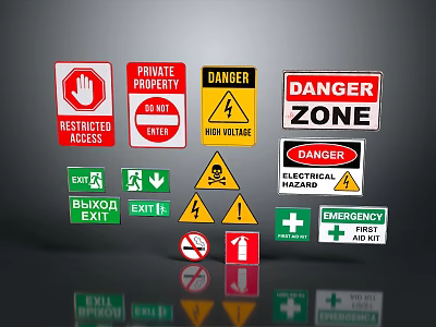 Safety Warning Signs With Restricted Access Private Property Danger High Voltage Exit And First Aid 3d model
