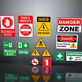 Safety Warning Signs With Restricted Access Private Property Danger High Voltage Exit And First Aid