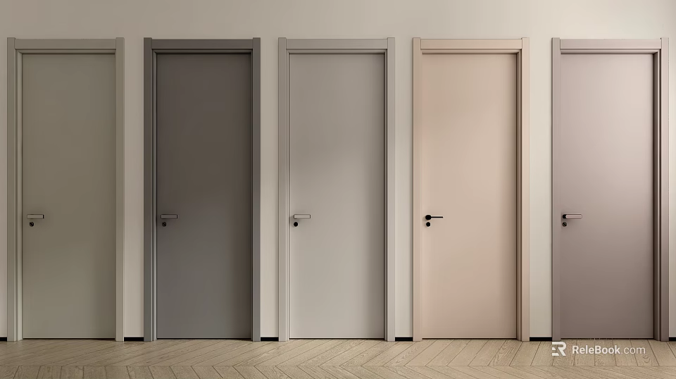 Modern Hinged Doors in Different Colors Arranged in Row with Herringbone Floor 3d model 