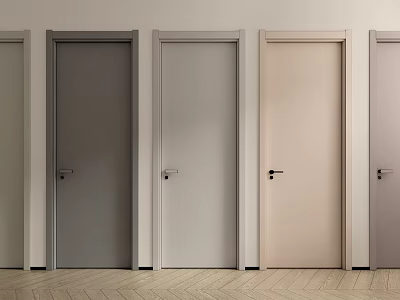 Modern Hinged Doors in Different Colors Arranged in Row with Herringbone Floor 3d model