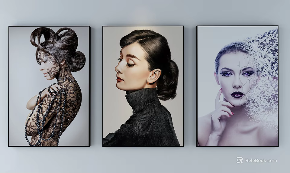 Three Female Portrait Paintings On Wall With Lace High Neck And Facial Decor 3d model 