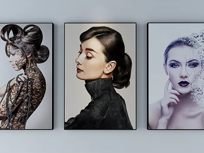Three Female Portrait Paintings On Wall With Lace High Neck And Facial Decor 3d model