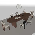 Modern Wooden Oval Dining Table and Six Chairs Set With Light Cushions and Pendant Light