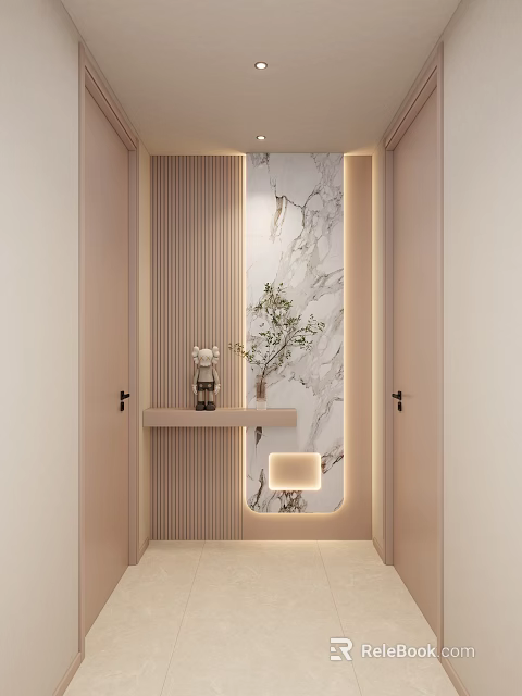 Modern Foyer Hallway With Marble Wall Decor Shelf And Lighting 3d model 