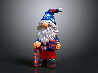 Christmas Gnome Figure With Blue Red Hat White Beard Holding Candy Cane And Gift Box 3d model