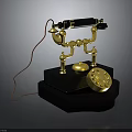 Vintage Gold And Black Electronic Telephone With Rotary Dial And Red Cord