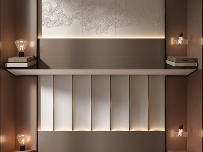 Modern Bed Background Wall Design With Decorative Panels And LED Strip Lighting 3d model