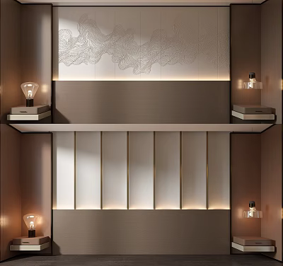 Modern Bed Background Wall Design With Decorative Panels And LED Strip Lighting 3d model