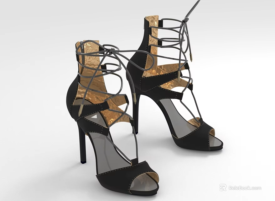Black Open Toe High Heels With Lace Up Design And Stiletto Heels 3d model 