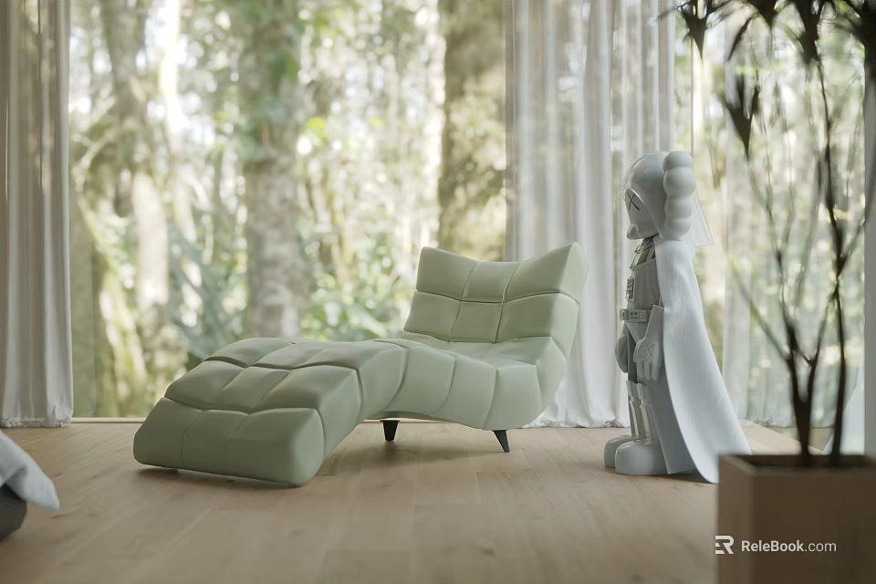 Light Green Chaise Lounge in Bright Room With Lush Forest View and White Statue 3d model 