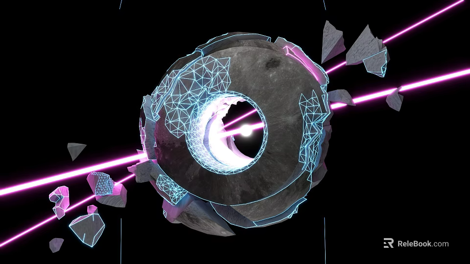 Geometric Sphere With Purple Light Rays And Broken Stone Fragments On Black Background 3d model 