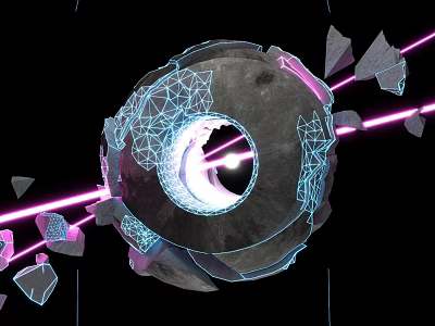Geometric Sphere With Purple Light Rays And Broken Stone Fragments On Black Background 3d model