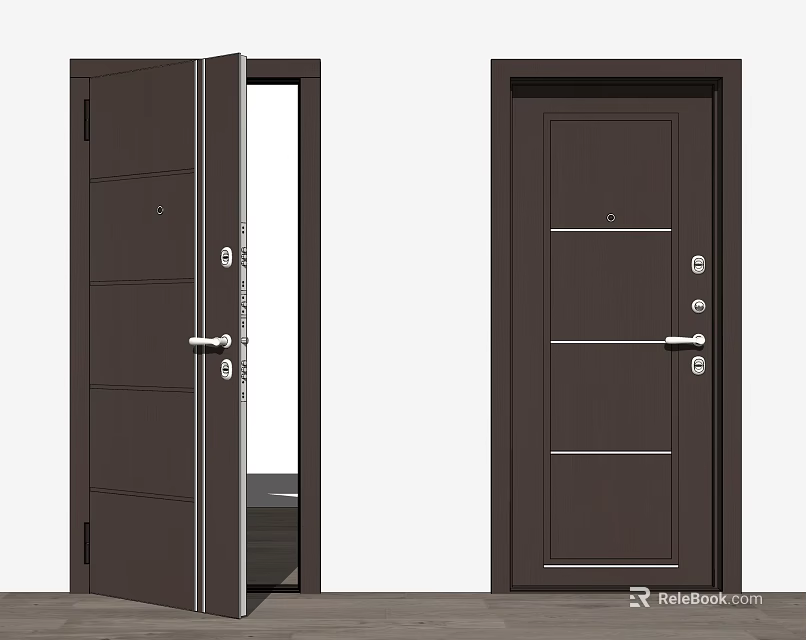Modern Dark Brown Swing Door With Panel Design Open And Closed View 3d model