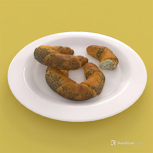 Fresh Poppy Seed Croissants With Filling On White Plate Yellow Background 3d model 