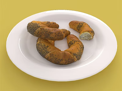 Fresh Poppy Seed Croissants With Filling On White Plate Yellow Background 3d model