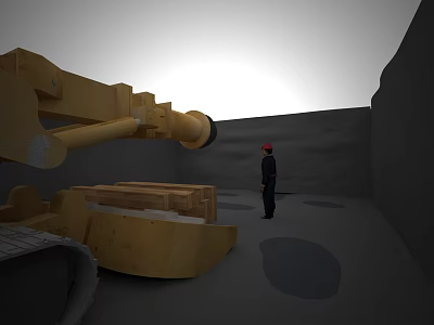 Yellow Functional Vehicle With Mechanical Arm Worker And Wooden Crates At Worksite 3d model