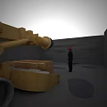 Yellow Functional Vehicle With Mechanical Arm Worker And Wooden Crates At Worksite